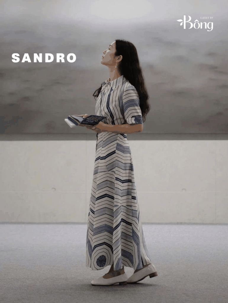 Váy maxi lụa Sandro cổ đức họa tiết xoắn ốc