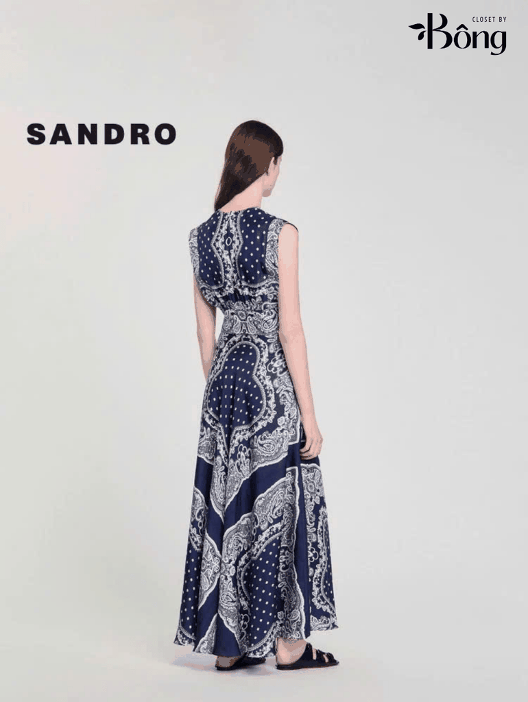 Váy maxi Sandro sát nách họa tiết thổ cẩm navy cổ V