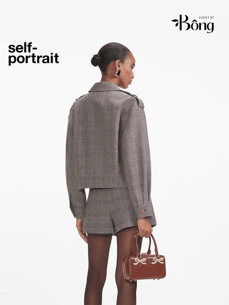 Short váy Khaki xếp ly Sel-Portrait dáng ngắn kẻ chìm kèm belt