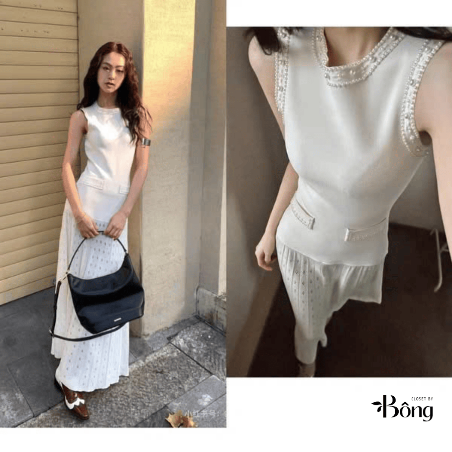 Váy Sandro dệt kim màu kem viền ngọc trai 2 túi trước (2pcs)