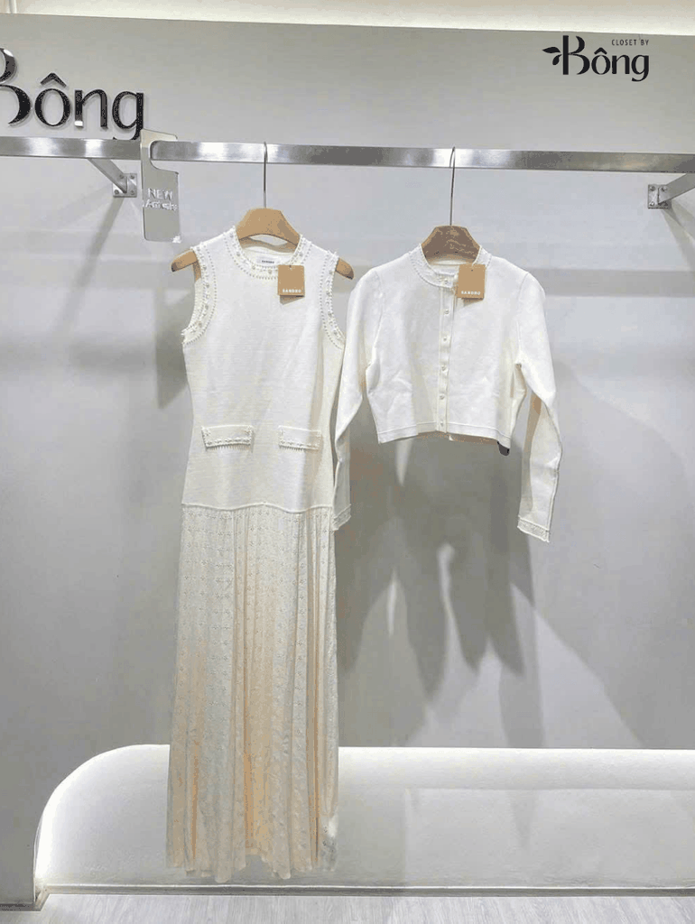 CDG Sandro dệt kim màu kem viền ngọc trai (2pcs)