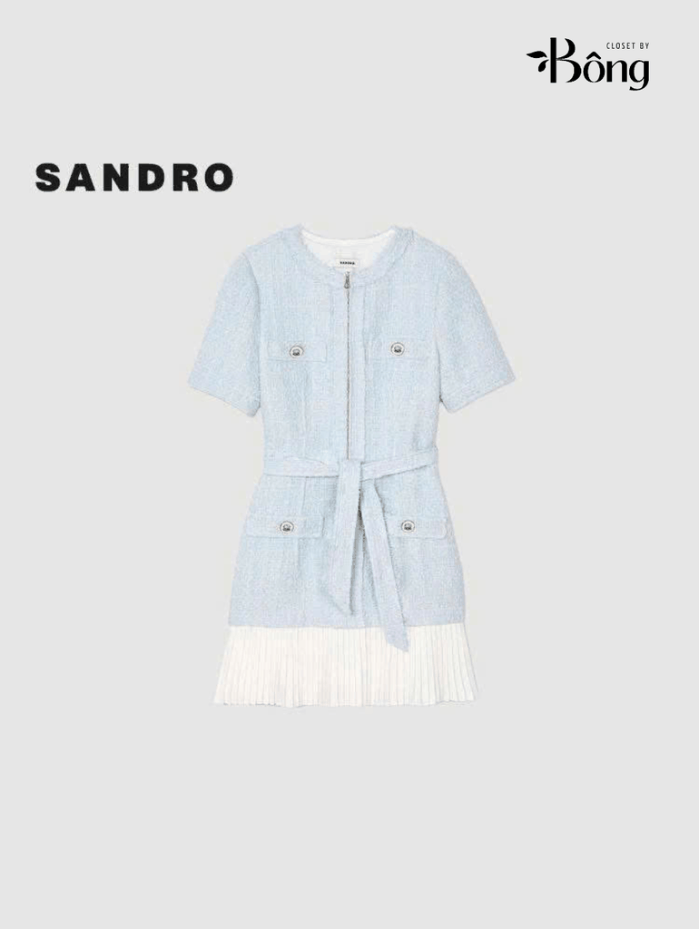 Váy dạ Sandro cộc tay 4 túi trước màu xanh kèm belt chân xếp ly