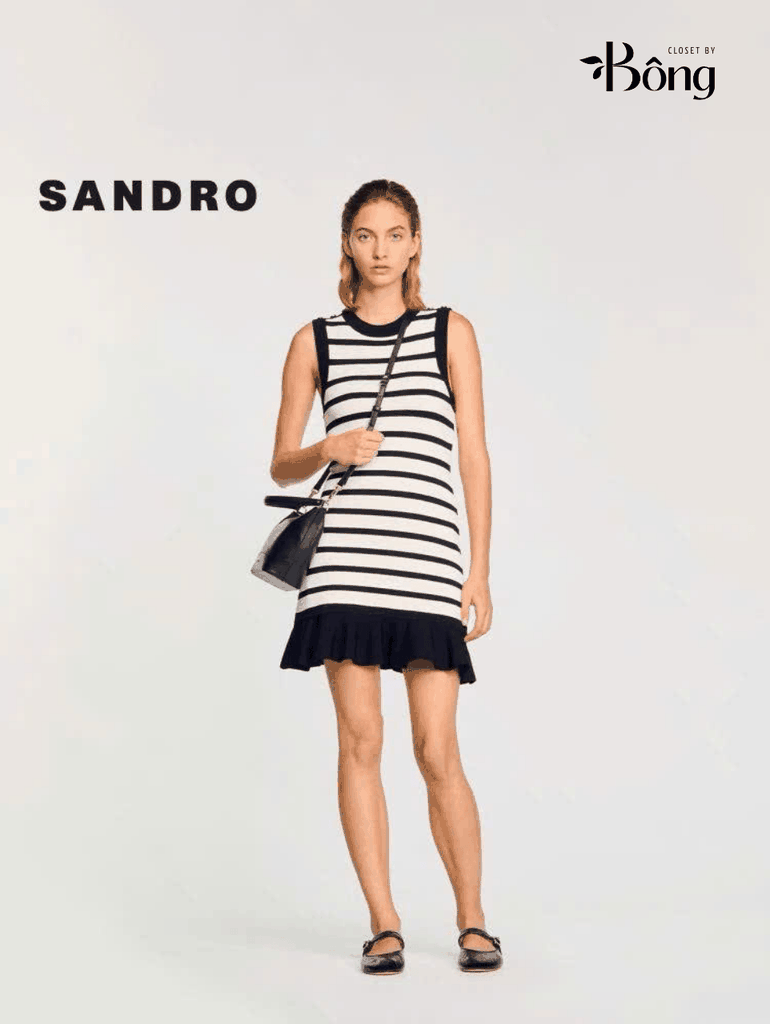 Váy dệt kim Sandro kẻ ngang sát nách đuôi cá viền đen