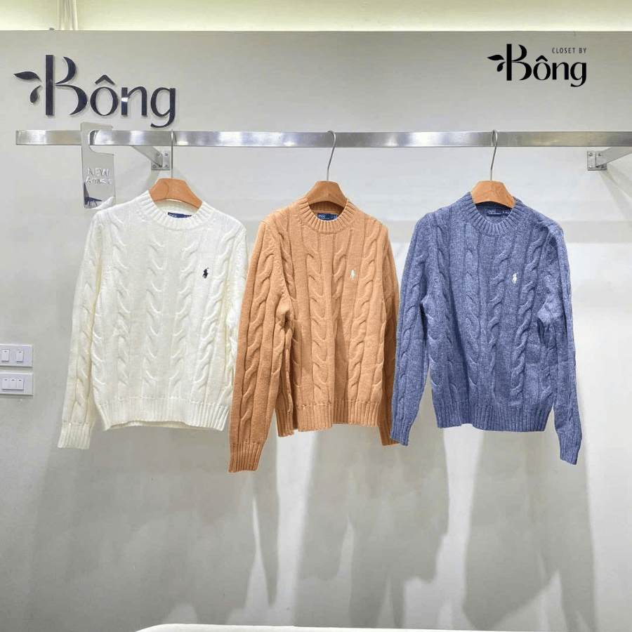 Áo len Polo cổ tròn vặn thừng to 3 màu