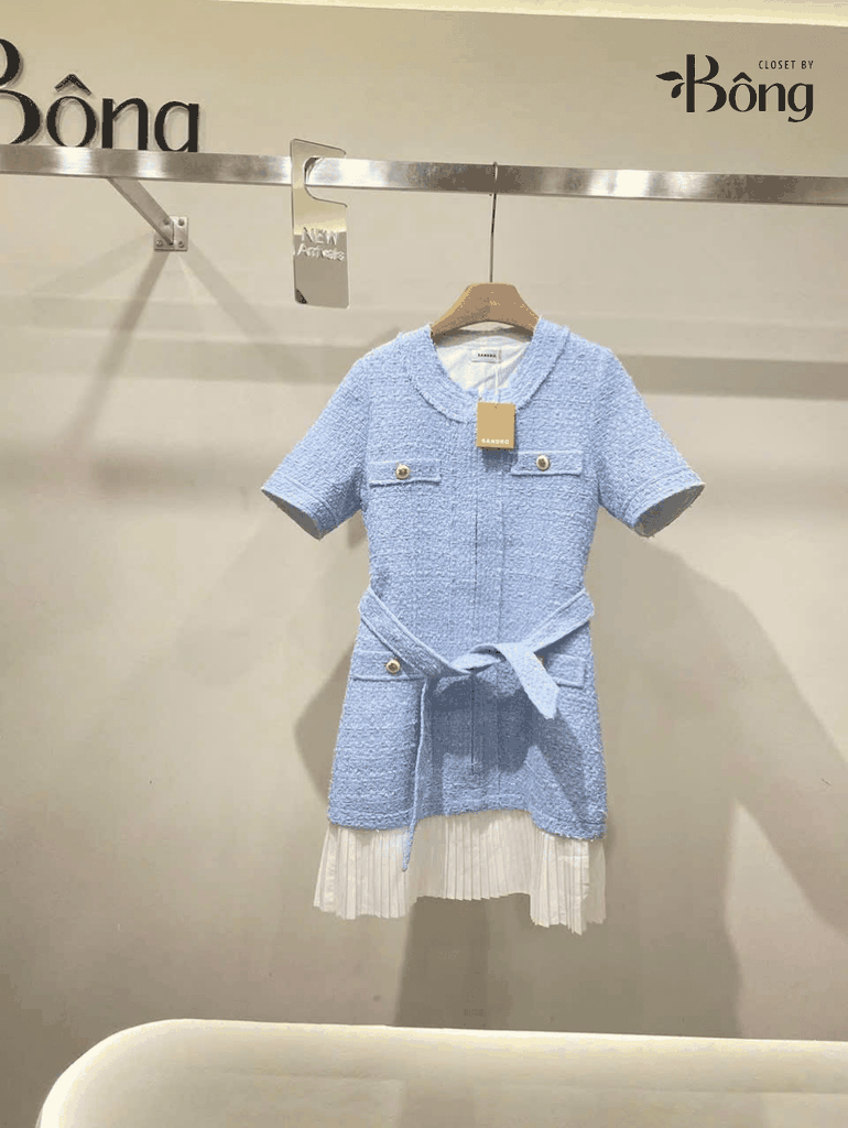 Váy dạ Sandro cộc tay 4 túi trước màu xanh kèm belt chân xếp ly