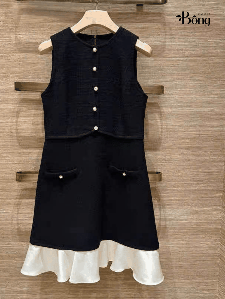 Đầm ngắn vải tweed hai tông màu