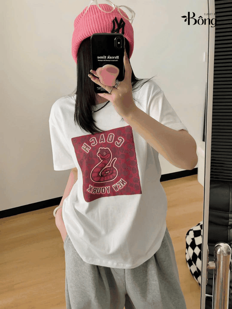 Tshirt COACH màu trắng logo snake