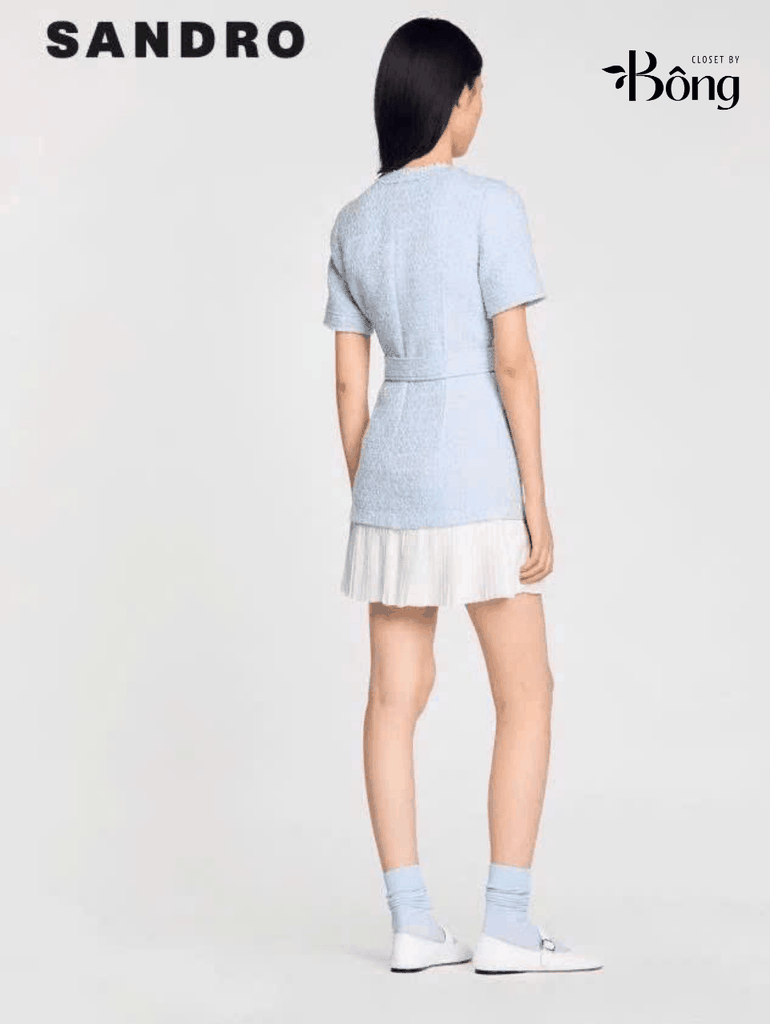 Váy dạ Sandro cộc tay 4 túi trước màu xanh kèm belt chân xếp ly