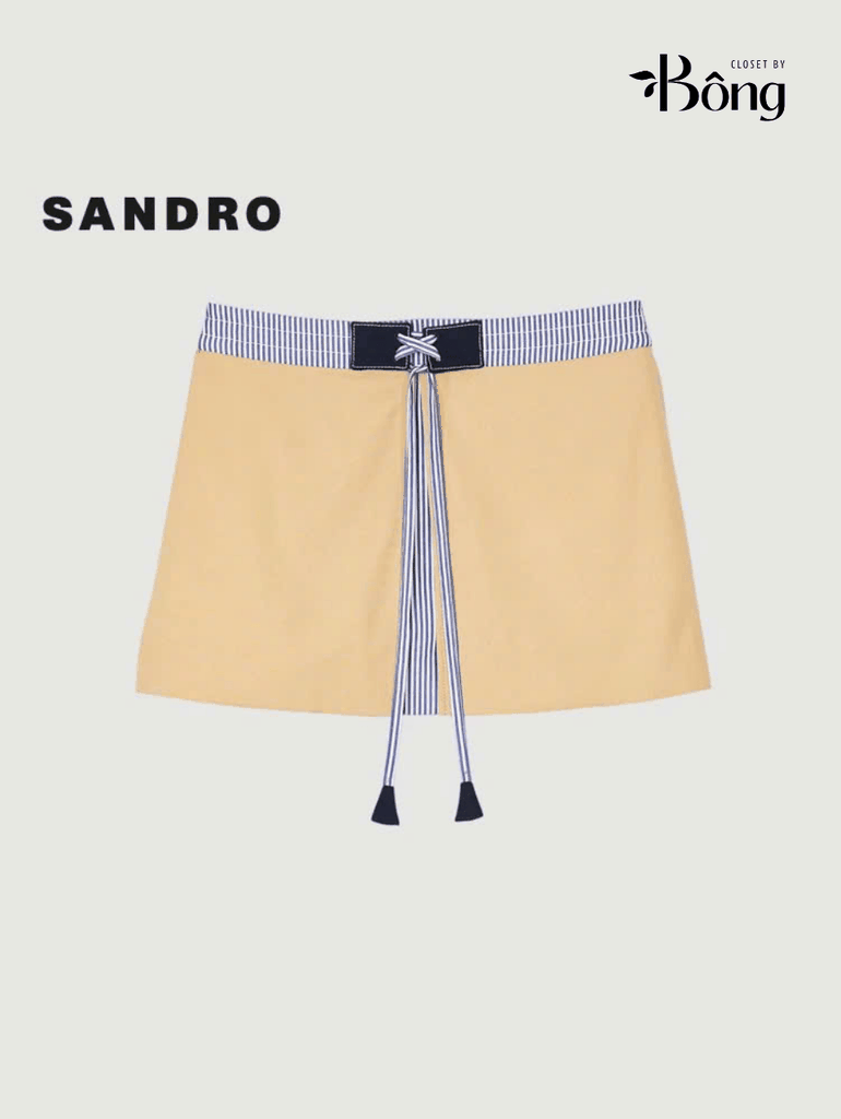 Chân váy mini Sandro màu khaki cải kẻ dây rút