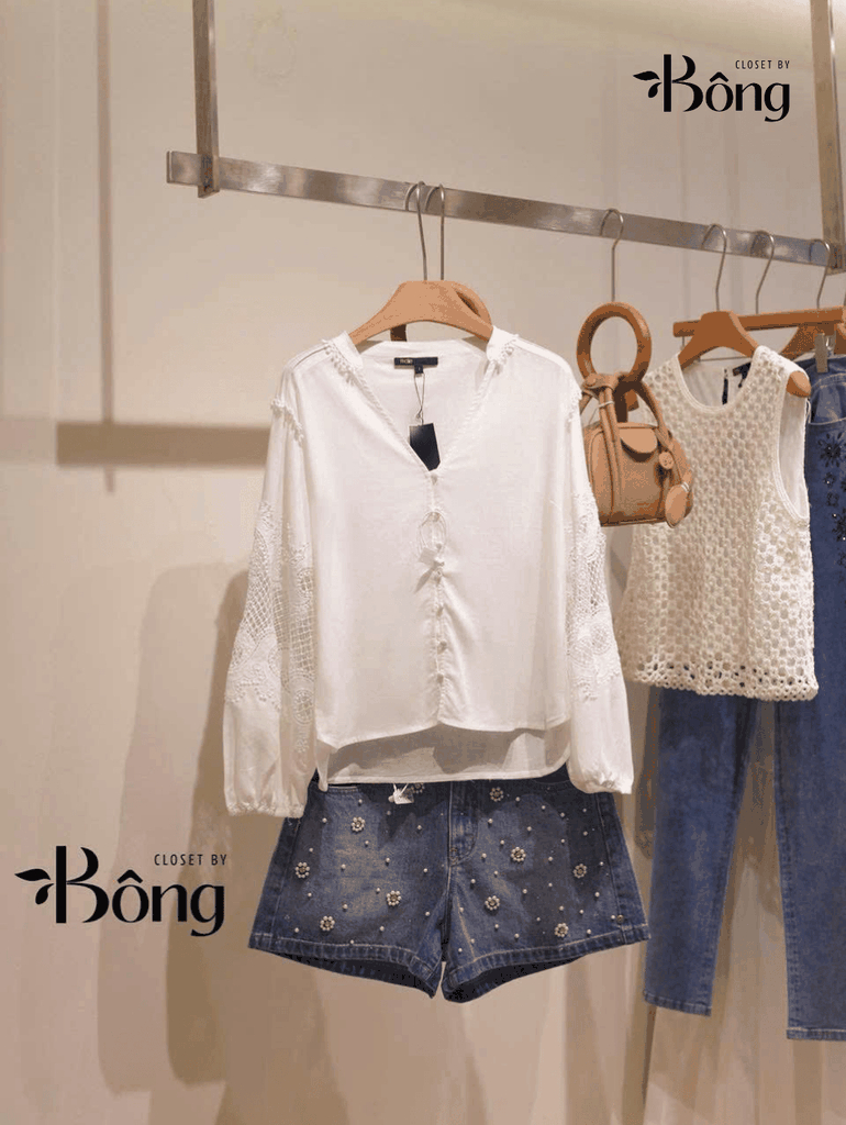 Quần short denim Maje đính ngọc trai
