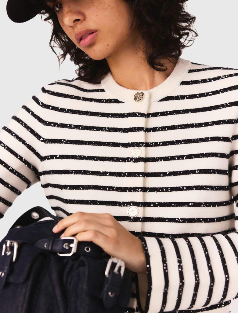 Áo cardigan Maje  kẻ ngang đen trắng bling