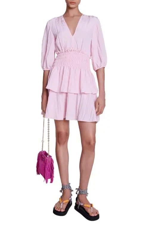 Váy Maje hồng cotton đũi dáng xếp ly ngắn