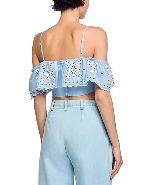 Áo trễ vai Sandro xanh ren chỉ trắng (tách set)