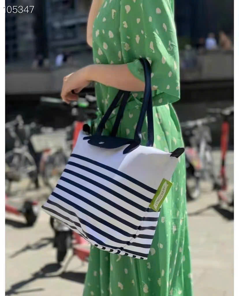 Túi Longchamp La Pliage kẻ xanh trắng