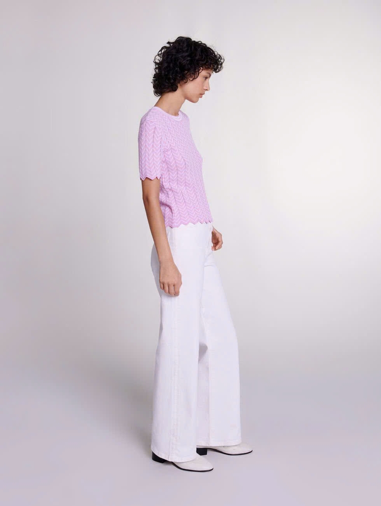 Áo Maje cotton lưới dệt thoi cổ tròn hồng viền trắng