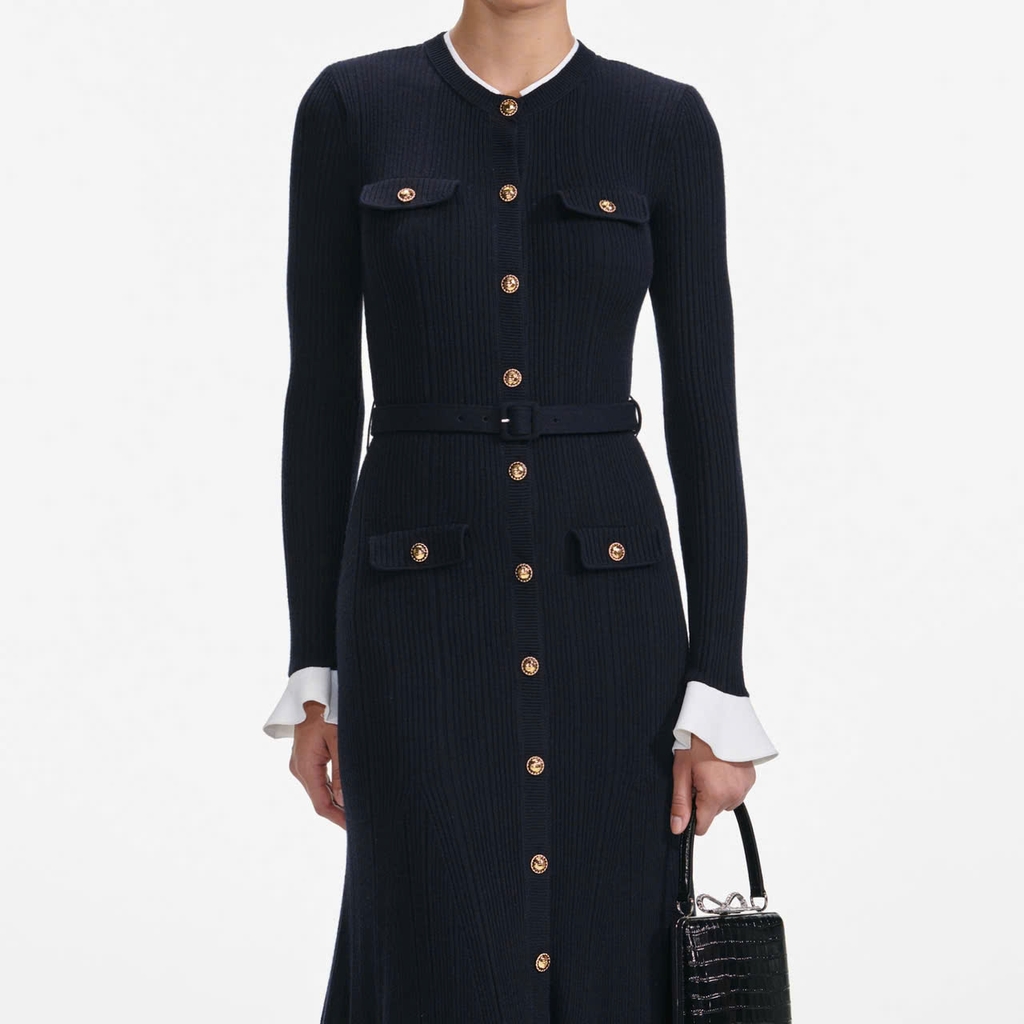Váy MIDI dệt kim viscose màu xanh navy