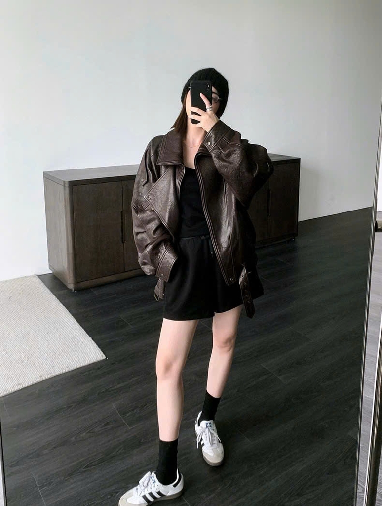 Áo khoác da YSL 2 màu cổ bẻ bo chun