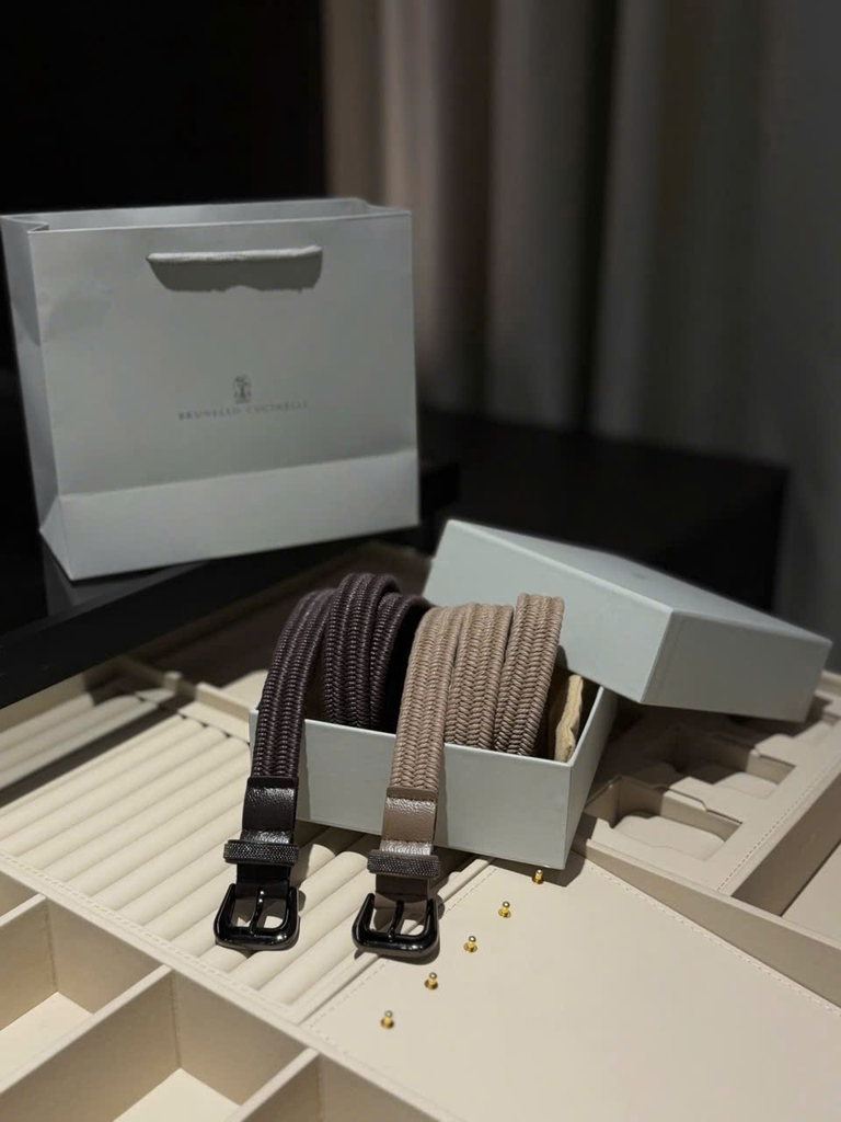 Belt Brunello Cucinelli chất co đan cói giãn phối da 2 màu Sz104x2.5cm