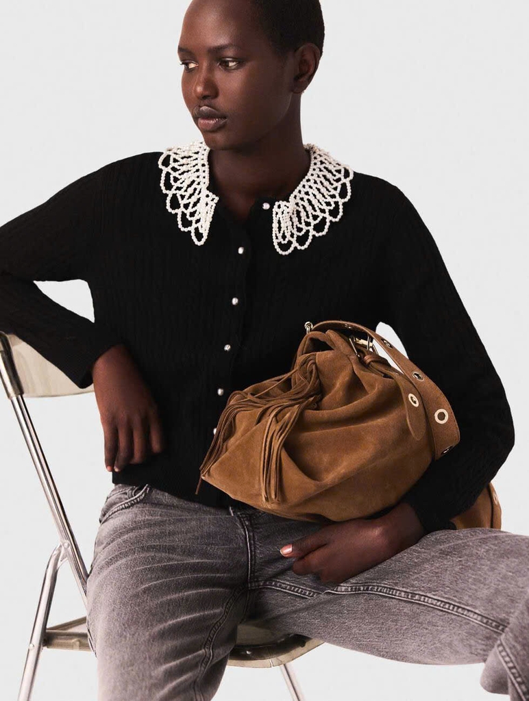 Áo khoác cardigan có cổ đính hạt có thể tháo rời