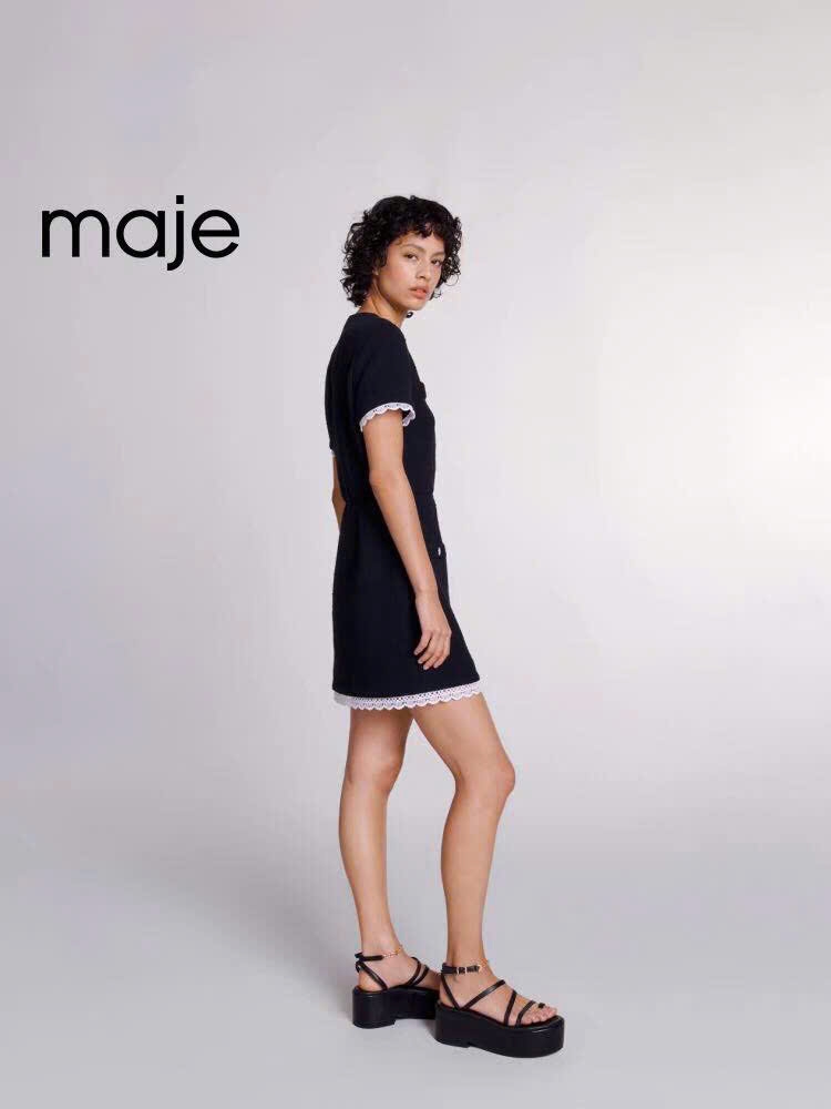 Váy dạ tweed đen MAJE viền ren