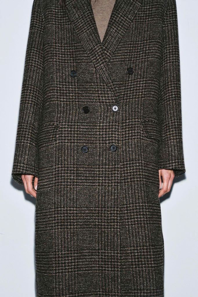 Trenchcoat Zara dáng dài cổ bẻ kẻ caro nâu