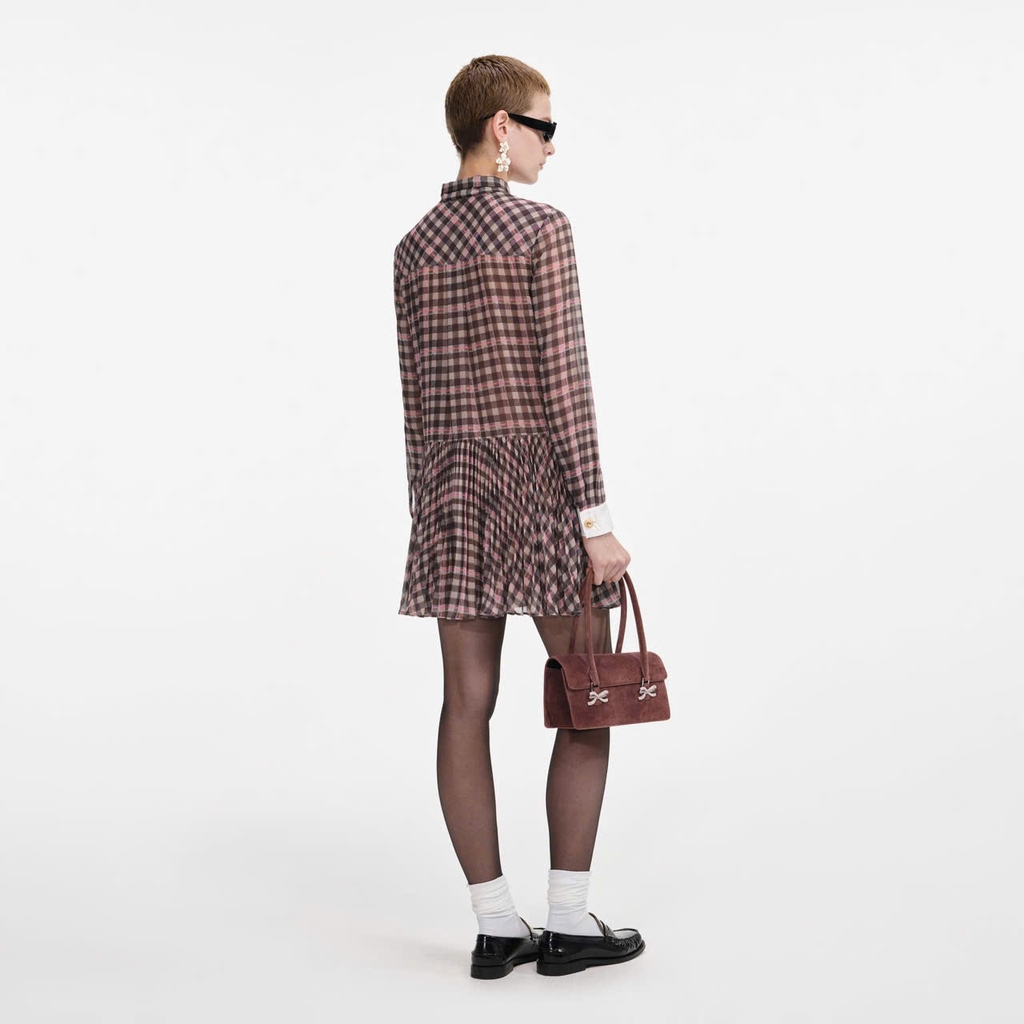 VÁY MINI CHIFFON KẺ CARO NÂU