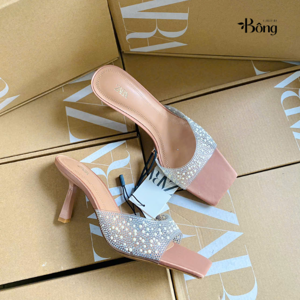Guốc Zara quai trong bling nhũ bạc