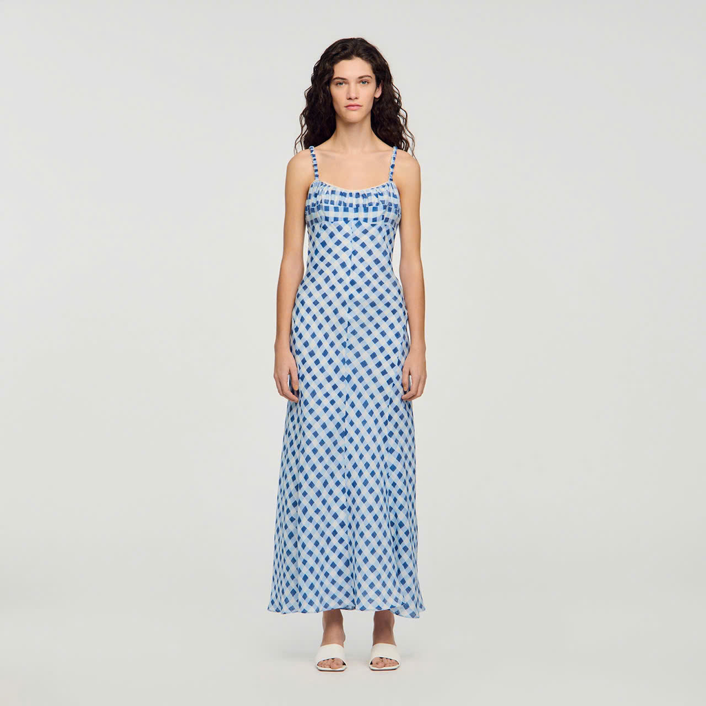 Váy maxi Sandro kẻ caro 2 dây nhún ngực