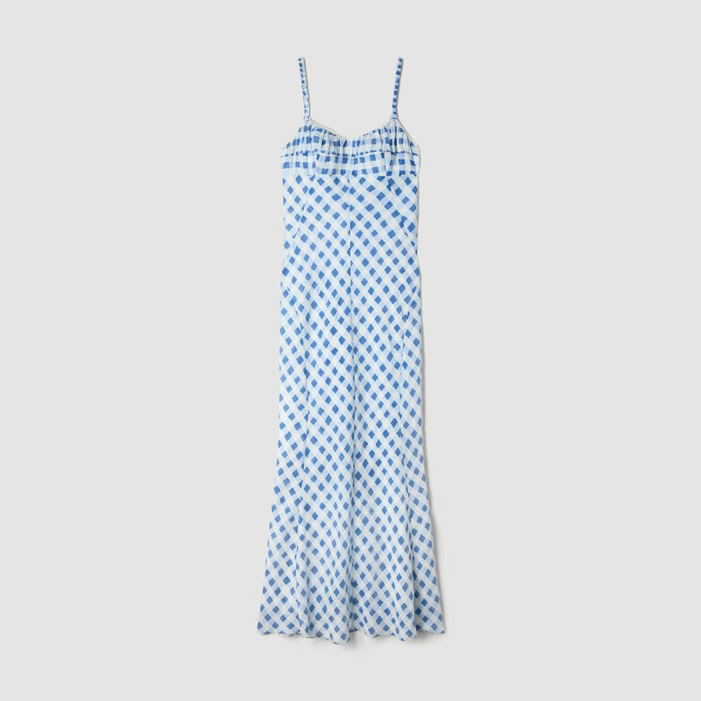 Váy maxi Sandro kẻ caro 2 dây nhún ngực