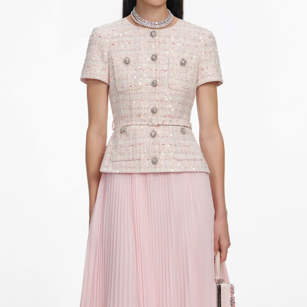 ĐẦM MIDI MÀU HỒNG ĐÍNH SEQUIN, CHẤT LIỆU BOUCLE