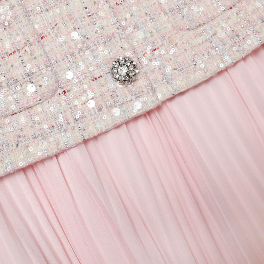ĐẦM MIDI MÀU HỒNG ĐÍNH SEQUIN, CHẤT LIỆU BOUCLE