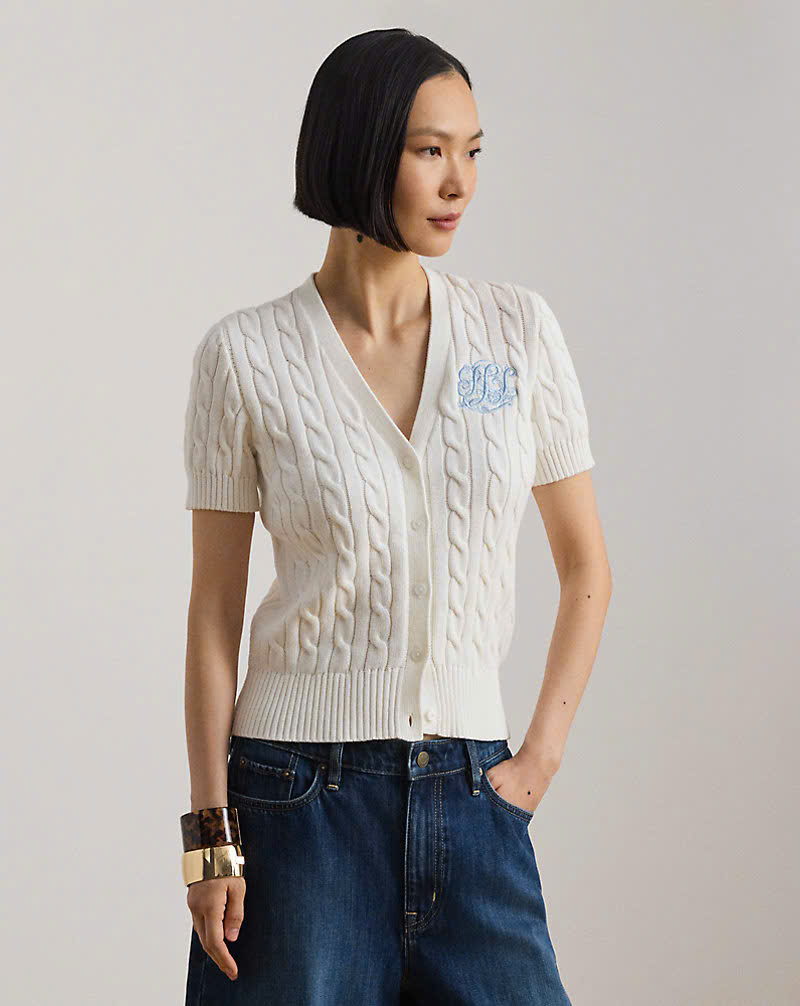 Áo khoác cardigan tay ngắn bằng cotton dệt kim kiểu cáp