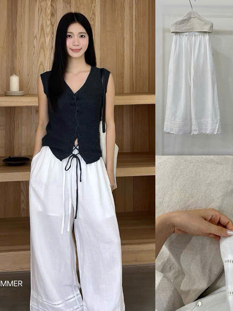 Quần suông linen T-Flatform cạp chun gấu ren dập 2 màu (6217)