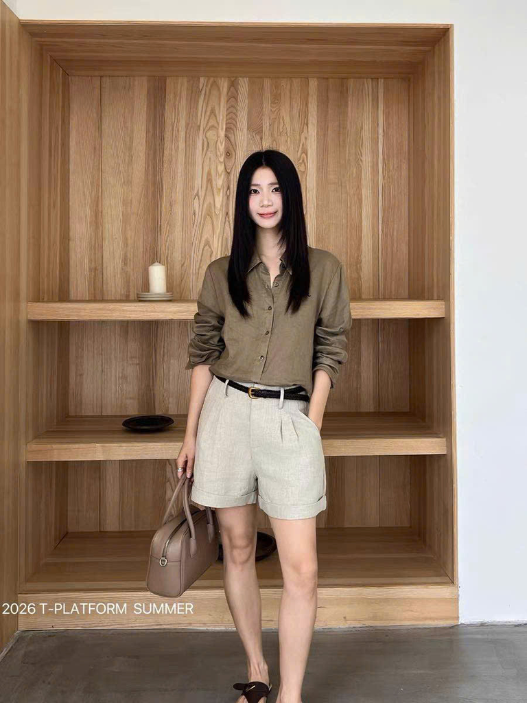 Quần short linen T-Flatform gấu lật kèm belt da tết (6206JW)
