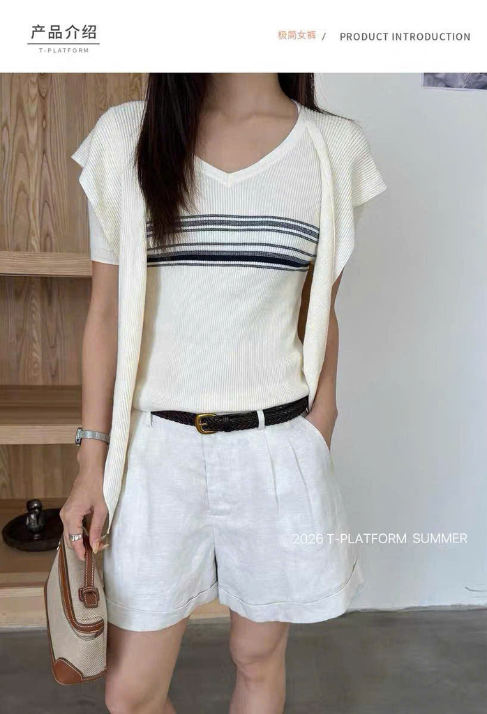 Quần short linen T-Flatform gấu lật kèm belt da tết (6206JW)