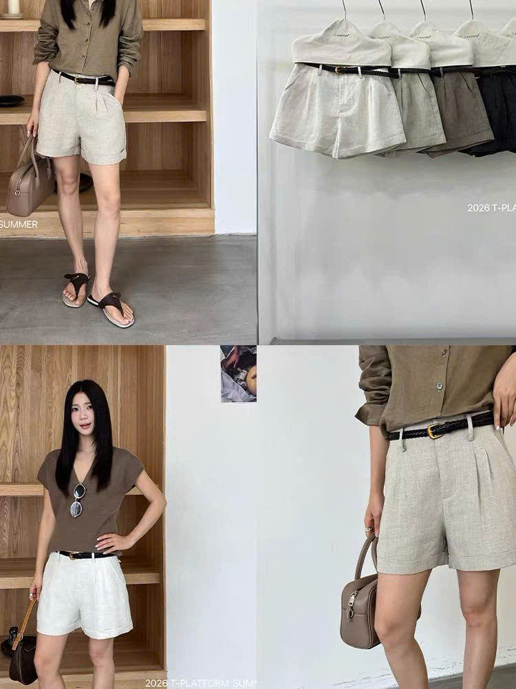 Quần short linen T-Flatform gấu lật kèm belt da tết (6206JW)