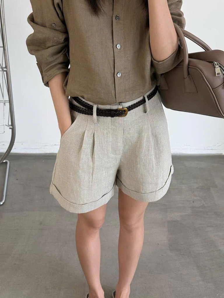 Quần short linen T-Flatform gấu lật kèm belt da tết (6206JW)