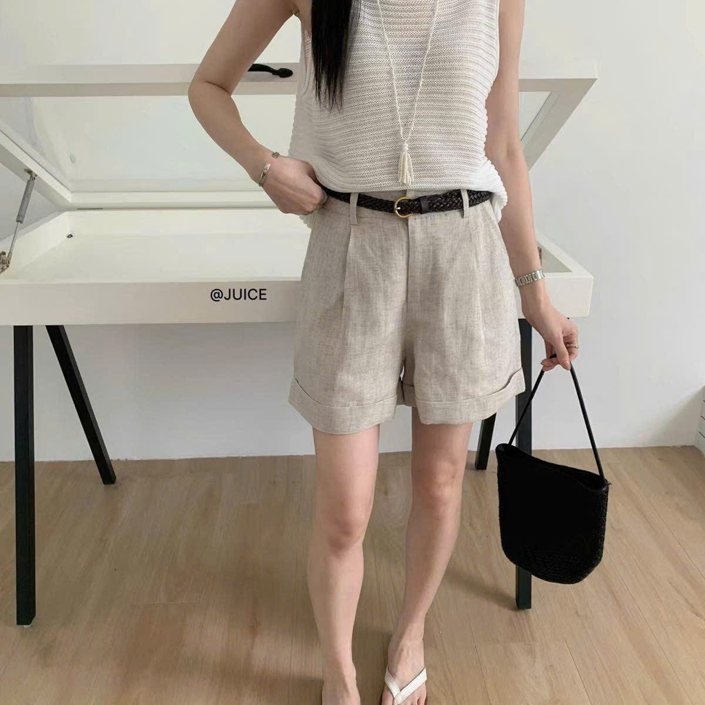 Quần short linen T-Flatform gấu lật kèm belt da tết (6206JW)