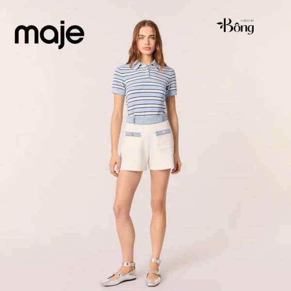 Quần short dệt kim phối viền denim