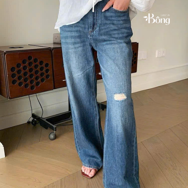 Quần jeans suông Polo RL rách gối