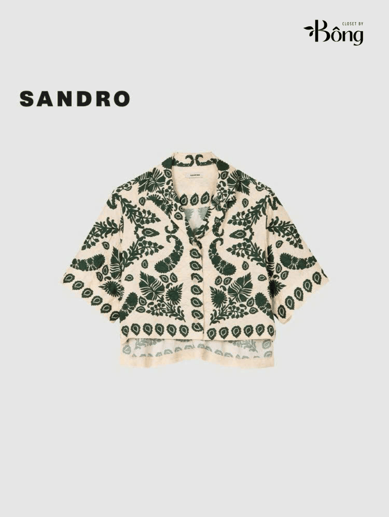 Set lụa hoa xanh Sandro (Sơ mi + Quần suông không tách)