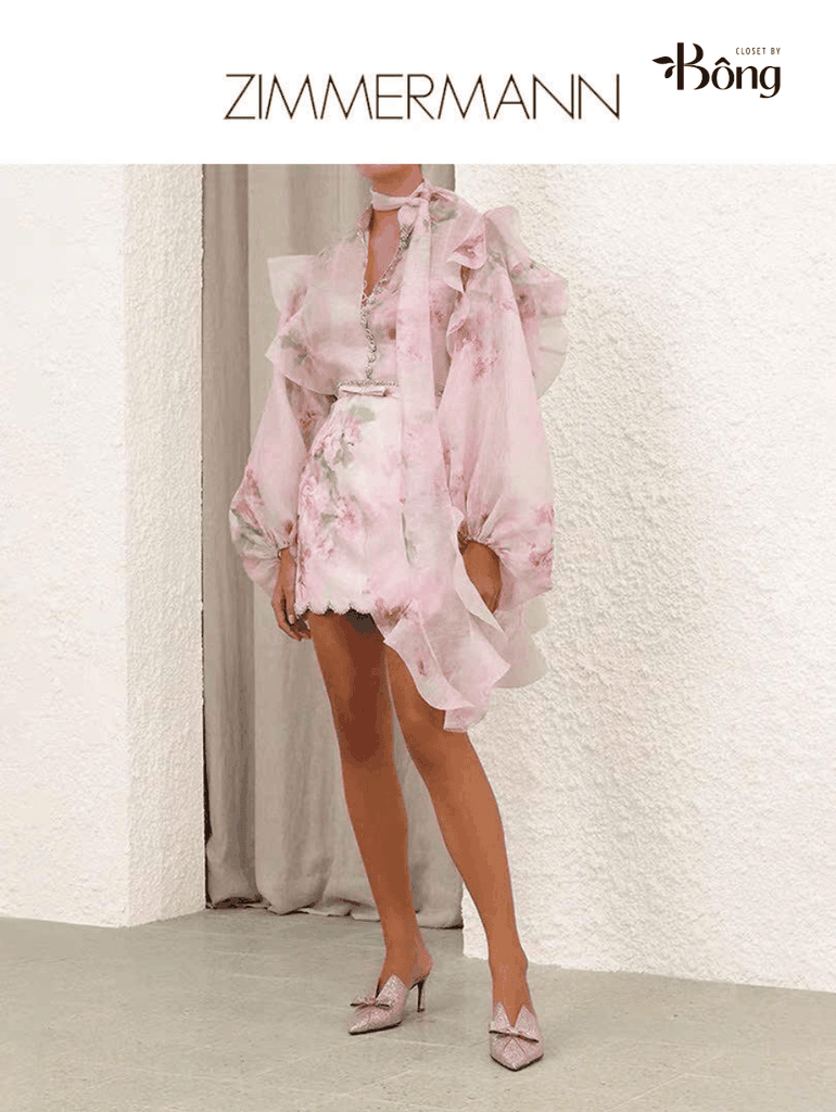 Chân váy mini Zimmermann hoạ tiết hoa hồng viền đá (tách set)