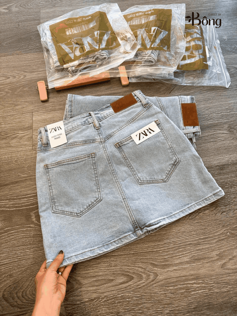 Short váy denim Zara màu nhạt co giãn 4 chiều