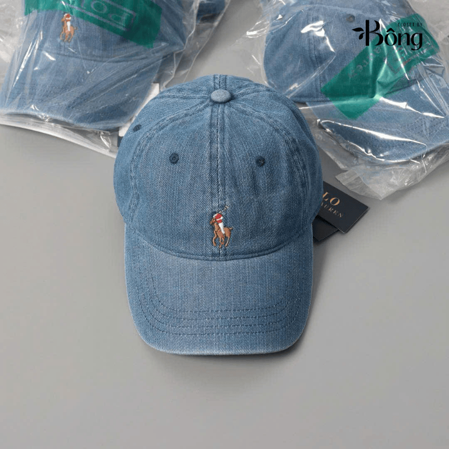 Mũ ball-cap Polo denim ogo ngựa trắng
