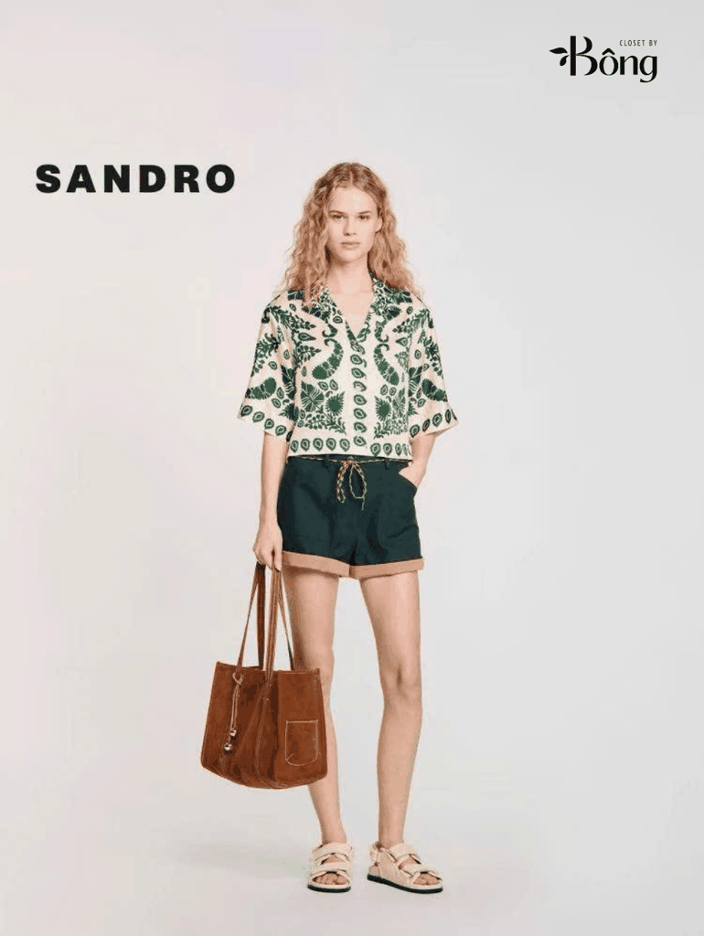 Set lụa hoa xanh Sandro (Sơ mi + Quần suông không tách)