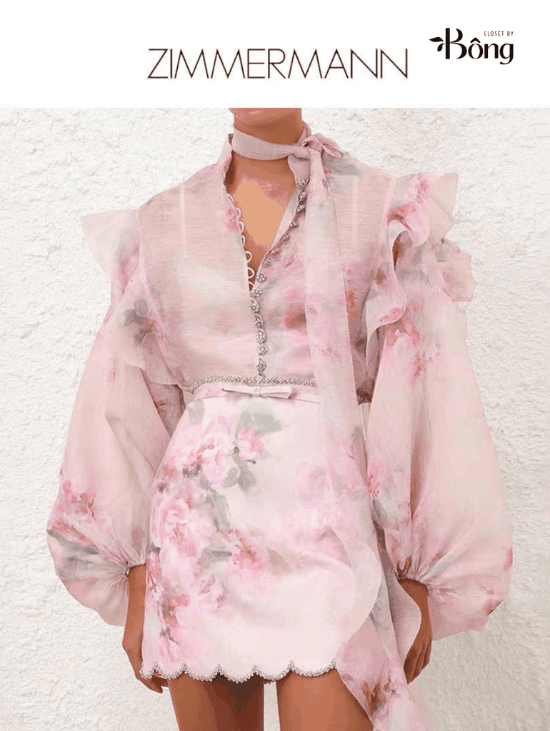 Áo lụa Zimmermann hoạ tiết hoa hồng dây nơ dài (tách set)
