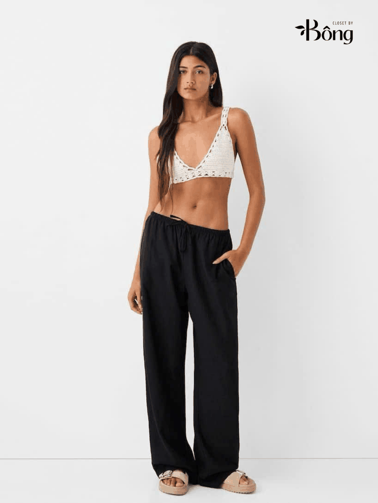 Quần đũi suông Bershka đen cạp chun