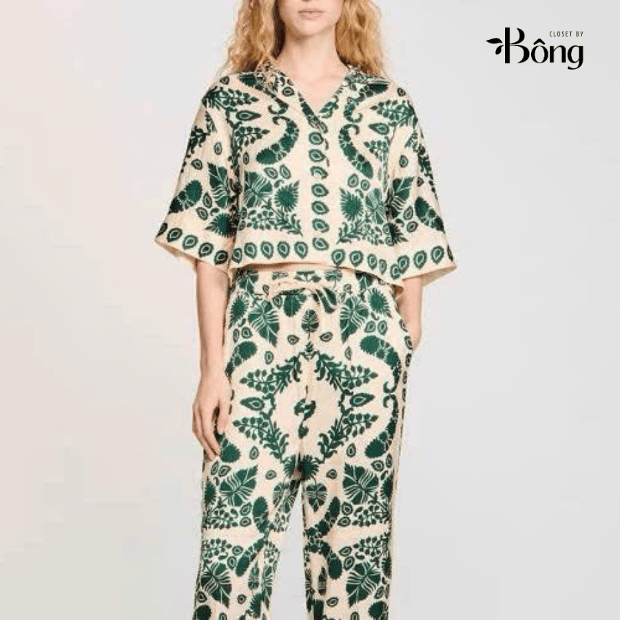 Set lụa hoa xanh Sandro (Sơ mi + Quần suông không tách)