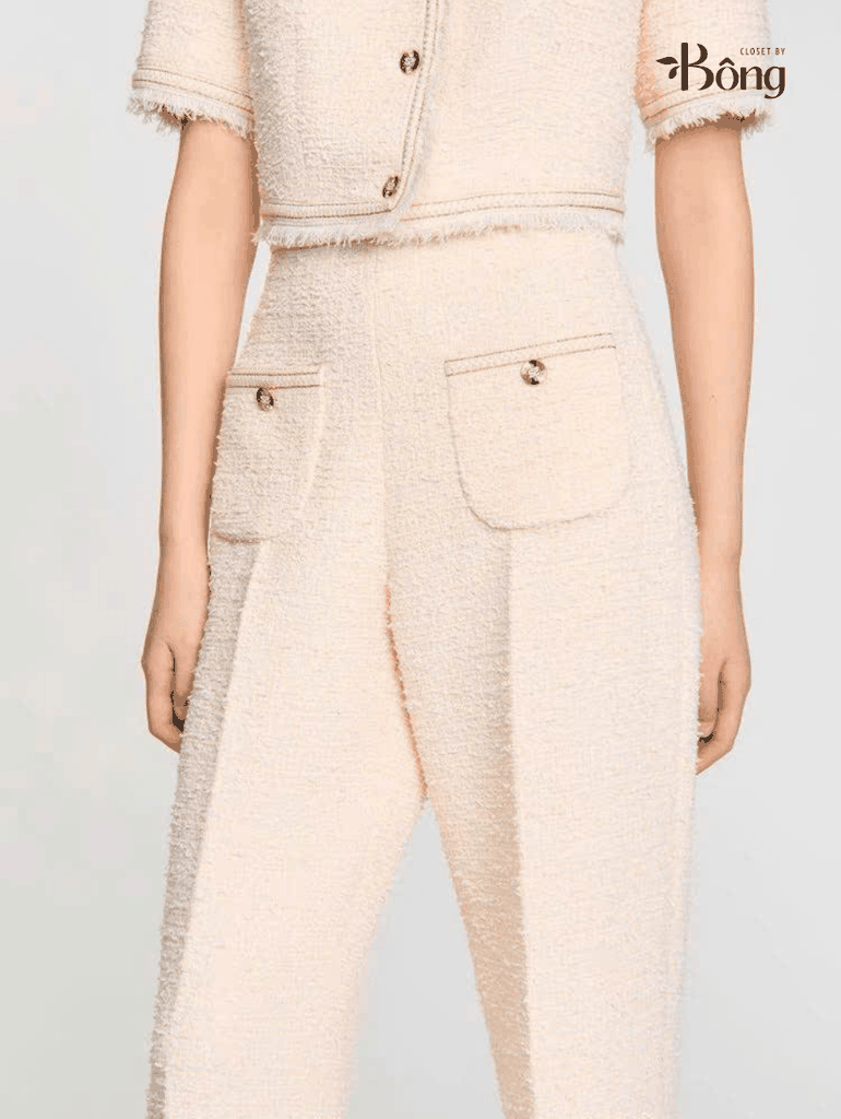 Quần tweed suông Sandro trắng hồng