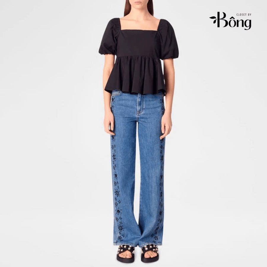 Quần jeans suông viền thêu đính đá